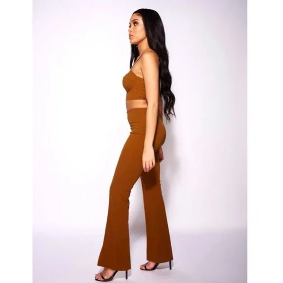 Brown Sleeveless Crop Top and High Waist Flare Pants Two Piece Set - Picture 10 of 12